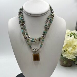 Vintage Mexico 925‎ Tiger's Eye Pendant Triple Strand Turquoise Crystal Necklace